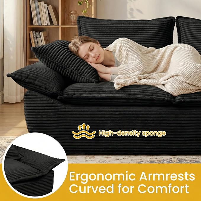 59" Boneless Loveseat Sofa, 2-Seater Black Boneless Sofa with Removable Cushions & 2 Pillows, Small Couch Boneless Compress Foam Sofa for Living Room, Apartments, & Office