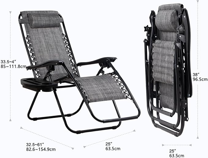 Nazhura Set of 2 Relaxing Recliners Patio Chairs Adjustable Steel Mesh Zero Gravity Lounge Chair Beach Chairs with Pillow and Cup Holder(Grey) - Image 3