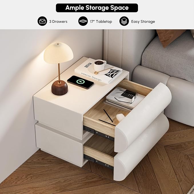 homary Smart Nightstands Set of 2 with Wireless Charging Station, USB & Type-C Ports, Faux Leather White Night Stands Modern Bedside Tables for Bedroom Storage, Fully Assembled - Image 5