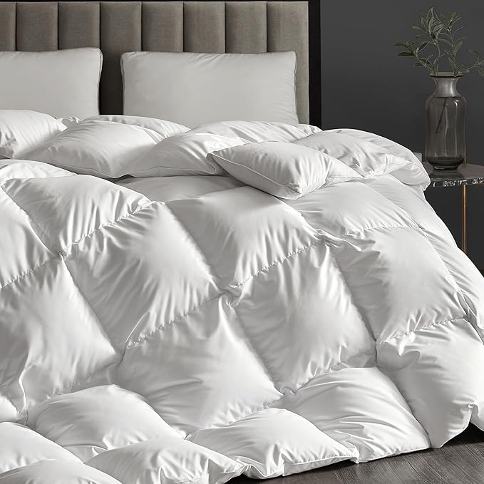 Hotel Grand White Goose Down Fiber Comforter Queen, Extra Warmth Fluffy Goose Down Fiber Winter Duvet Insert Queen, Hotel Collection Hypoallergenic Bedding Comforter for Cold Weather 55oz, 90" x 90"