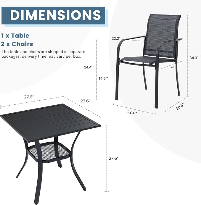DIFY 3-Piece Outdoor Patio Bistro Dining Set, Black Small Square Dining Table & 2 Grey Stackable Metal Chairs with Breathable Fabric, Outdoor Furniture Set for Balcony, Porch, and Deck - Image 2