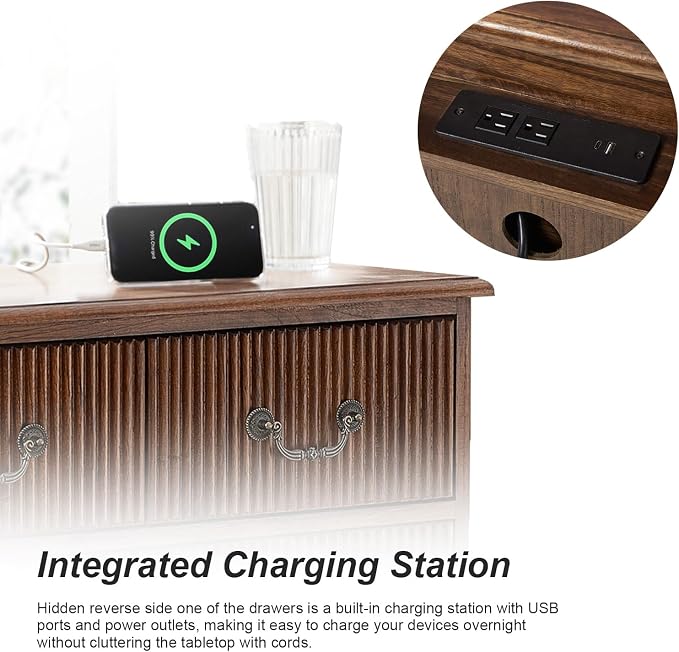 HULALA HOME French Country End Table, 30 inches Paulownia Wood End Table with Charging Station (Walnut, Set of 2) - Image 6