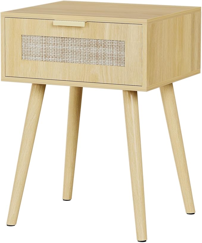 LAZZO Set of 2 Bedroom Nightstands Wooden Night Stands with Rattan Weaving Drawer Home Bedside End Table for Bedroom Storage - Image 5