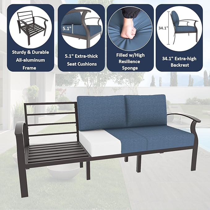 ALAULM Aluminum Patio Furniture Set with Propane Fire Pit Table 7-seat Metal Outdoor Furniture w/Swivel Chairs Patio Sectional Sofas w/2 Ottomans for Porch, Backyard, Poolside-Dark Blue