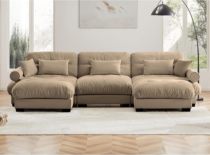 KEIKI 130" U-Shaped Oversized Velvet Modular Sectional Sofa with 2 Ottoman, High-Density Foam Cushions and Bolstered Armrests, Upholstered 3-Seater Cloud Couch with 5 Pillow, for Living Room, Camel