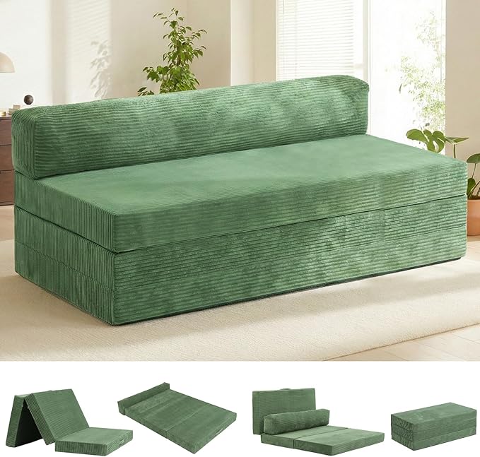 5-in-1 Convertible Sofa Bed, Boneless Loveseat Sleeper with Removable Cushions & Washable Cover, Futon Sofa Bed with Handle, Pull Out Couch for Small Spaces, King Size, Green