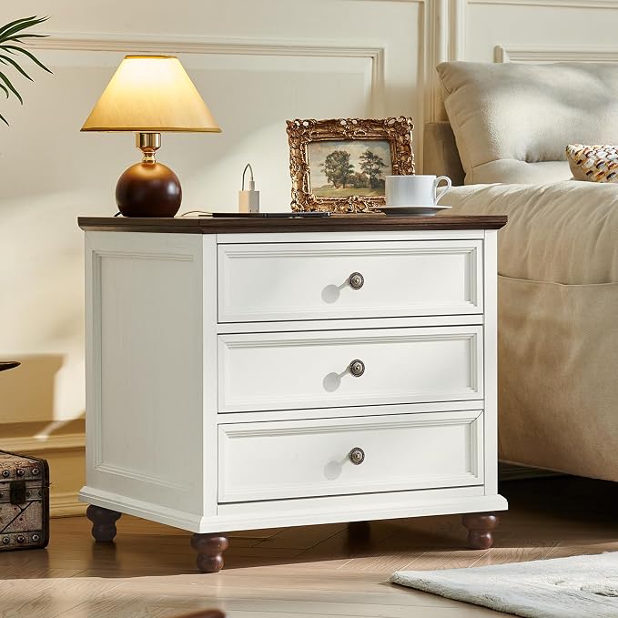 Joaxswe Farmhouse Nightstand with Charging Station, 24" Wide End Table with 3 Drawers,White Wood Dresser for Bedroom, Bed Side Table Chest of Drawers Cabinet,Night Stand for Living Room, Closet - Image 3