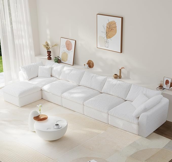 Modular Sectional Sofa Boneless Cloud Couch for Living Room, L Shape Deep Seat Recliner Sofa with Ottoman, Adjustable Backrest & 2 Throw Pillows - Covers Washable, (White, 5 Seater+1 Ottoman)