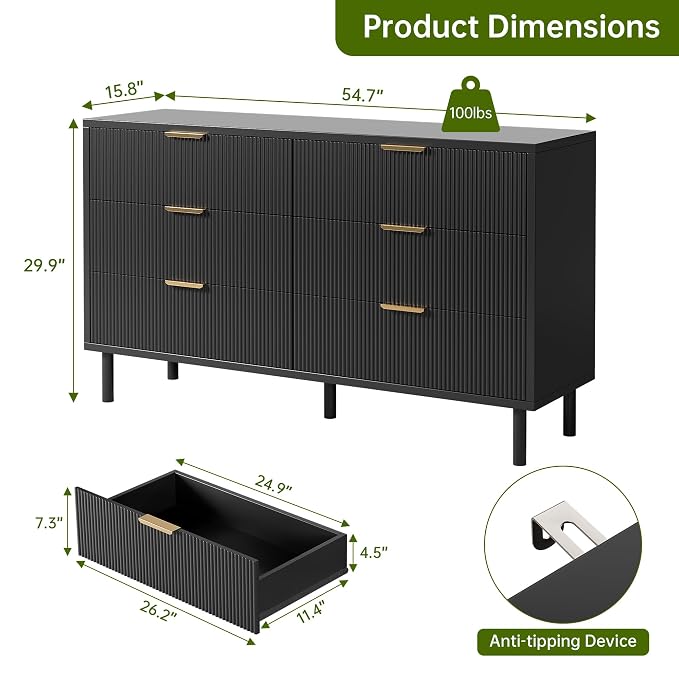 GarveeHome Black Wave Fluted 6 Drawer Dresser, Wide Wood Double Dresser with Metal Legs and Handles, Modern Chest of Drawers with Anti-Tipping Design for Bedroom Living Room Hallway - Image 2