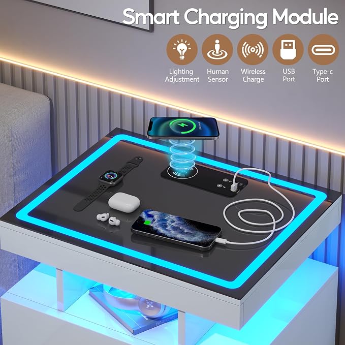LED Nightstand Set 2 with Wireless Charging Station,White Night Stand with 2 Drawers,Glass Top Smart Bedside Table,Modern End Table Side for Bedroom,Living Room,Office - Image 4