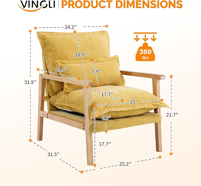 VINGLI Mid-Century Modern Cloud Accent Armchairs set of 2 with Lumbar Pillow, 6.3'' Thick Seat Cushion Reading Chairs with Wooden Armrests, Boho Lounge Chair for Bedroom, Living Room, Chenille, Yellow
