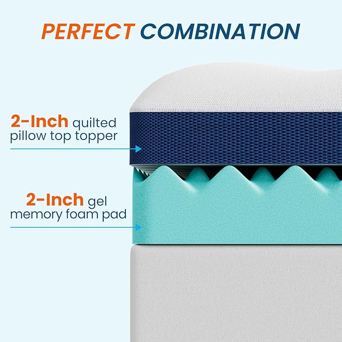 4 Inch Dual Layer Memory Foam Mattress Topper - 2 Inch 1000GSM Fluffy Soft Pillow Top Mattress Pad Cover and 2 Inch Cooling Gel Memory Foam for Back Pain Relief, with 8-21" Deep Pocket (Full,54"x75")