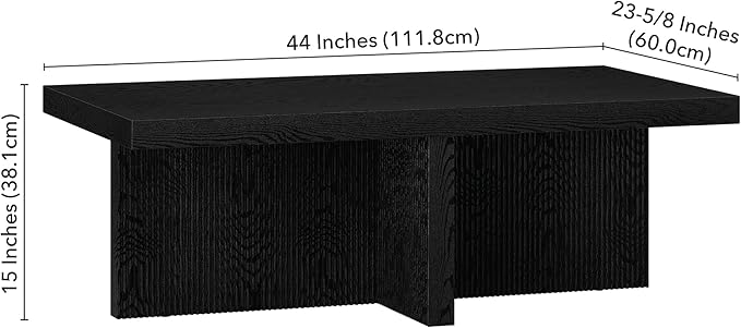 Henn&Hart 44" Fluted Rectangular Wood Pedestal Low-Profile Coffee Table with Ribbed Pedestal Base for Living Room, Family Room or Office, Natural Black