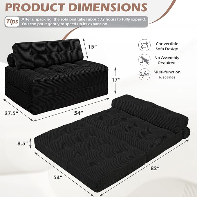Folding Sofa Bed, Convertible Sleeper Chair with Pillow & Handle, Foldable Mattress Futon Chair Bed Lounge with Back Support, Comfy Floor Sofa for Living Room Bedroom, Black, Full