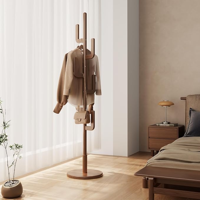 Muwuele Solid Wood Cactus Coat Rack, Freestanding Coat Rack With 6 L-Shaped Hooks and 3 Adjustable Sizes, Coat Tree for Bedroom, Entryway, Livingroom, Coat Hanger Stand for Coats, Handbags (Walnut) - Image 2