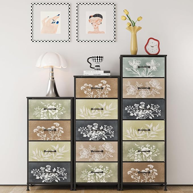 Tohomeor Vintage Dresser Vertical Nightstand with Neutral Botanical Plant Fabric Chest Drawers for Closet Bathroom Storage Tower Unit Bed Side Organizer Farmhouse Rustic (Multi, 4 Drawers) - Image 5