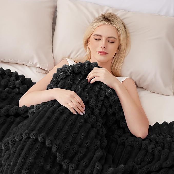 EXQ Home King Size Blanket for Bed or Couch - 3D Stripe Jacquard Decorative Fleece Blankets - Cozy Soft Lightweight Fuzzy Flannel Blanket Suitable for All Seasons(90"×108",Black)