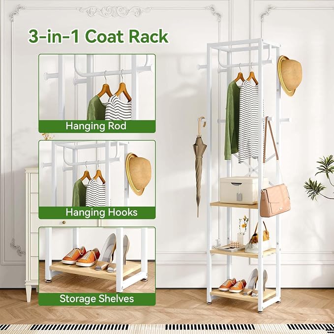 IBUYKE Coat Rack with Shelves, Freestanding Hall Tree with 3 Shelves and 8 Hooks, Industrial Clothes Stand for Entryway, Hallway, Bedroom, Natural UTMJ088R - Image 5