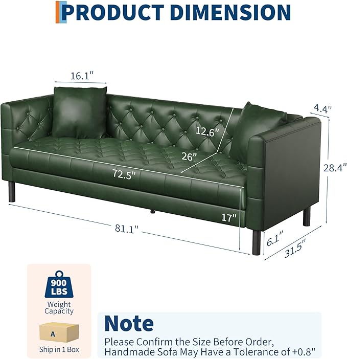 IDEALHOUSE 81" Mid-Century Modern Leather Sofa for Living Room, Chesterfield Sofa with Deep Seats and 2 Pillows, 3 Seater Couch with Button Tufted, Leather Couch for Apartment, Office, Green
