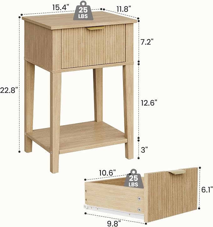 Modern Fluted Small Wood Nightstand, 11.8" Deep x 15.4" Narrow Bedside Table with Drawer & Open Shelf, Boho Scandinavian Accent End Table for Bedroom & Sofa - Oak - Image 3