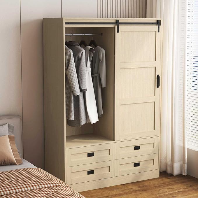 Armoire Wardrobe Closet with Sliding barn Door，Wardrobe Cabinet with 4 Storage Drawers and Hanging Rail,Freestanding Wooden Closet for Bedroom (Natural)