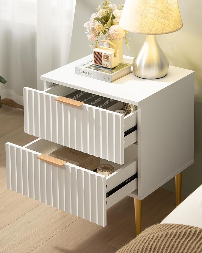 SICOTAS White Night Stand Set 2, Fluted Glossy Nightstand with 2 Drawers, Wide Modern Storage Bedside Table for Bedroom, End Side Table with Golden Metal Legs and Handles (White, 1 Piece) - Image 7