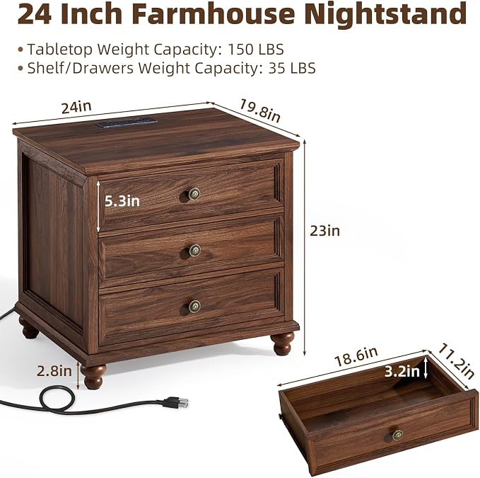 Joaxswe Farmhouse Nightstand with Charging Station, 24" Wide End Table with 3 Drawers,Wood Dresser Cabinet for Bedroom, Bed Side Table Chest of Drawers,Night Stand for Living Room, Closet,Brown - Image 2