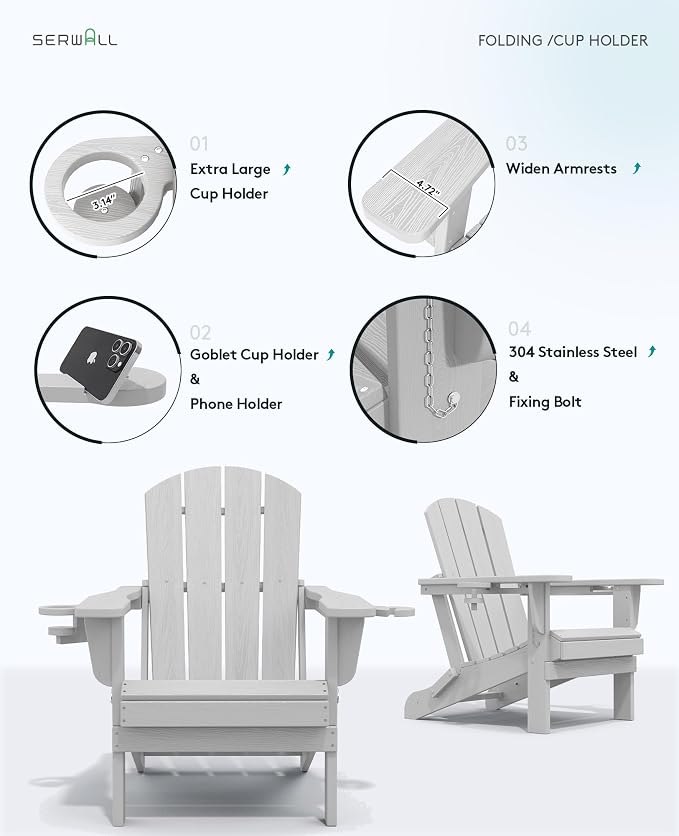 SERWALL Adirondack Chair with Cup Holders - Composite Adirondack Chairs HDPE Outdoor Chairs All Weather Use- Silver Gray - Image 7