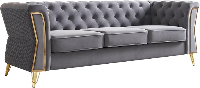 KEIKI 87" Chesterfield Velvet Button Tufted Sofa with High Density Foam Cushions, Modern Style 3-Seater Couch with Gold Strip Trim Decoration, Easy Assembly, for Apartment, Living Room, Office, Grey