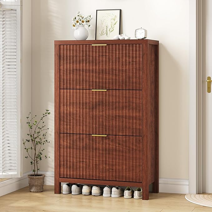 YOMILUVE Shoe Cabinet Storage for Entryway, Fluted Shoe Cabinet with 3 Flip Drawers, Hidden Shoe Rack Tall Freestanding Shoe Organizer with Legs for Hallway, Walnut by YomiluveDesign