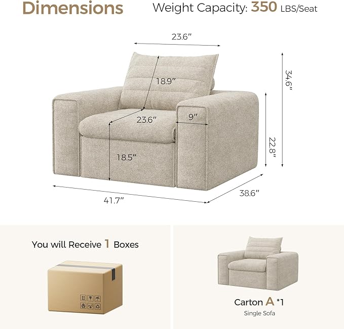41.7" Single Cloud Sofa, Boneless Couch for Small Spaces, Modern Comfortable Upholstery Sofas with Pillows for Living Room, Apartment, Dorm, Office, Removable Cover, No Assembly Required, Apricot