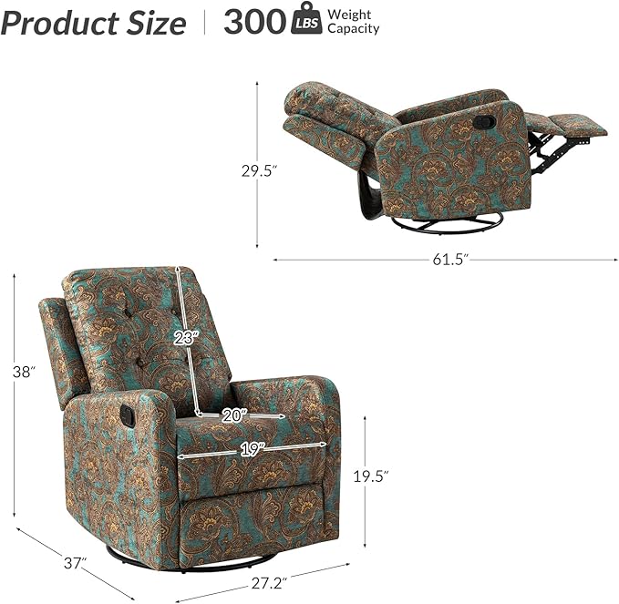 HULALA Home Recliner Chair Modern Printed Fabric for Living Room, Wingback Rocker Recliner Sofa Comfy Armchair 360 Degree Swivel, Nursery Rocking Chairs with Adjustable Backrest & Footrest/Teal