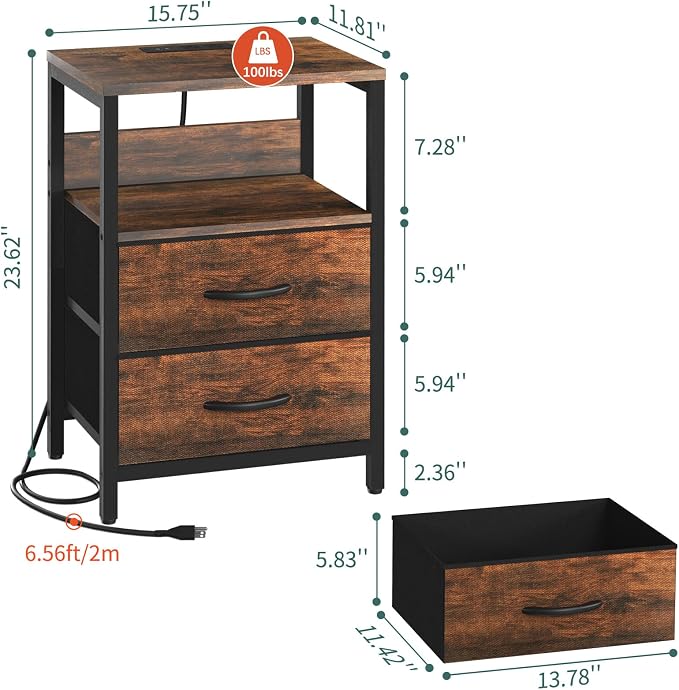 Yoobure Nightstand with Charging Station, LED Night Stand with Fabric Drawers and Storage Shelf for Bedroom, Nightstands Bedside Tables with USB Ports & Outlets, Small Night Stands, Bed Side Table - Image 3