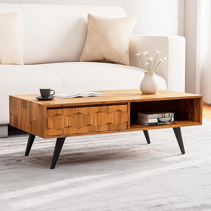 Bme Georgina Solid Wood Coffee Table, 2 Drawers & Open Shelves, Mid Century Modern Center Table, 110 cm, Teak Brown, Pre-Assembled
