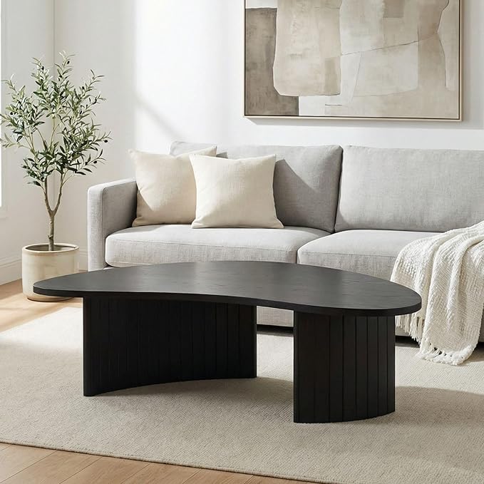 Mid Century Modern Black Wood Coffee Table with Fluted Base, Irregular Mango Top Coffee Table, Minimalist Accent Table for Living Room & Small Apartments