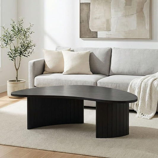 Mid Century Modern Black Wood Coffee Table with Fluted Base, Irregular Mango Top Coffee Table, Minimalist Accent Table for Living Room & Small Apartments