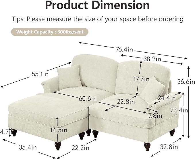 KEIKI Mid Century Modular Sofa with Flared Arms and Skirted Design, 76" Loveseat with Ottoman Chenille L-Shaped Sectional Couches for Living Room, Small Home Comfy Chaise Lounge Indoor, Beige White