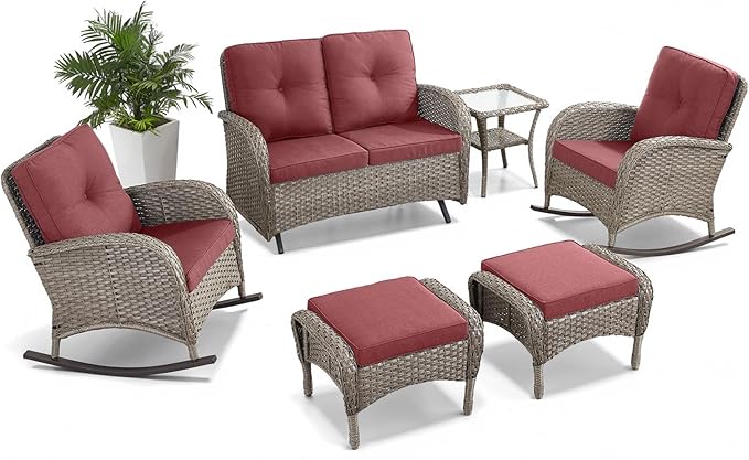 Belord 6 Pieces Wicker Patio Furniture Set with Patio Rocking Chairs, High Back Patio Conversation Set Outdoor Loveseat Glider with Ottoman and Rattan Side Table for Deck Sunroom Backyard