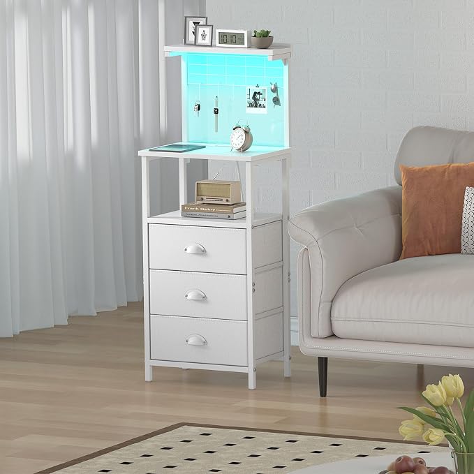 sthmec Bedside Tall Nightstands with Charging Station, LED Bedside Table for Bedroom - 3 PU Fabric Drawers, Hooks, USB/Type-C Ports & Open Bedside Shelves, White - Image 2