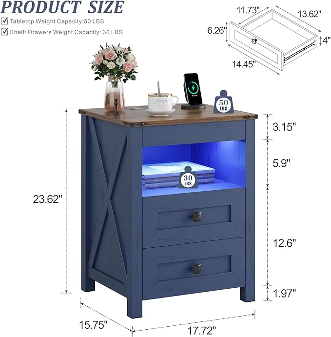 TAGELIER Farmhous Nightstand with Gun Drawer,Bedside Table with Charging Station, Gun Night Stand with LED Light & Human Sensor,Smart End Table for Bedroom, Blue - Image 2