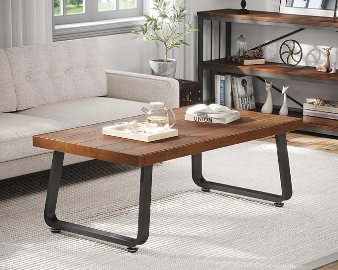IBF Natural Wood Coffee Table, Rustic Solid Wood Center Table for Living Room, Rectangle Metal and Real Wooden Tea Table, Modern Industrial Minimalist Wooden Cocktail Tables, Rustic Brown, 47 Inch