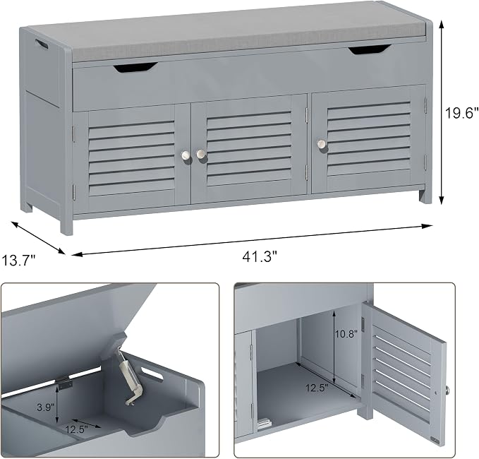 ChooChoo 41.3" Shoe Storage Bench with Lift Top Storage, Entryway Bench with Cushioned Seat, Adjustable Shelf, Shoe Cabinet with Hidden Space, for Entryway, Bedroom, Living Room, Grey - Image 2
