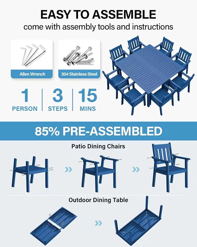 YEFU HIPS Patio Table Set: 10 Piece Outdoor Table and Chairs Dining Furniture Set with Umbrella Hole - Blue Modern Plastic Dining Sets 8 Person for Outside Deck with Metal Aluminum Frame - Image 2