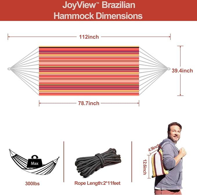 JoyView Brazilian Hammock for Single Preson Portable Hammock with Hanging Ropes & Carry Bag Large 78.8x39.4” for Patio 300LBS Capacity Perfect for Outdoor/Indoor - Red Stripe - Image 2