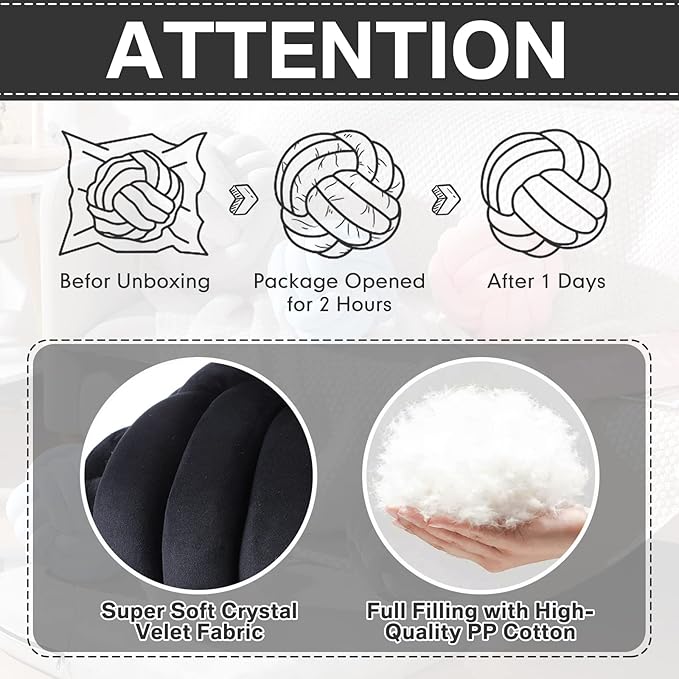 Namalu 2 Pcs Soft Knot Pillow Ball, Decorative Round Throw, Soft Knotted Plush Pillows, Handmade Stuffed Ball Pillows Cushion for Bedroom Sofa Couch Home Decor(10.6 Inches,Black)