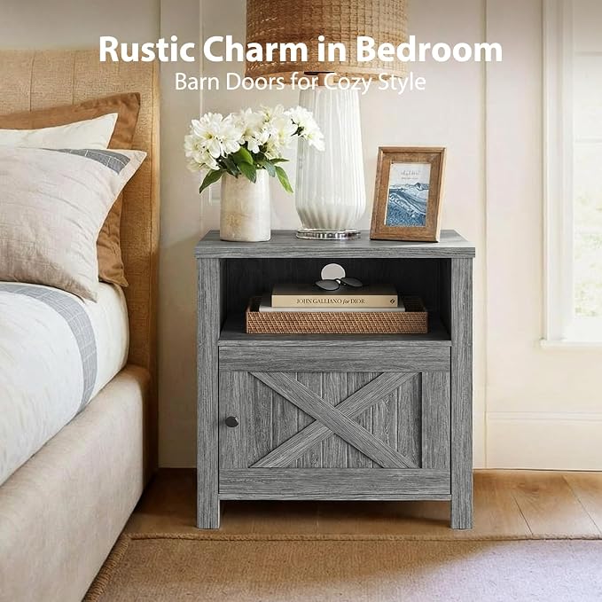 Pipishell Nightstand with Charging Station, Farmhouse Bedside Table with Open Shelf, Enclosed Cabinet, USB Port & AC Outlet, Wood Side Table with Storage for Bedroom, Gray - Image 3