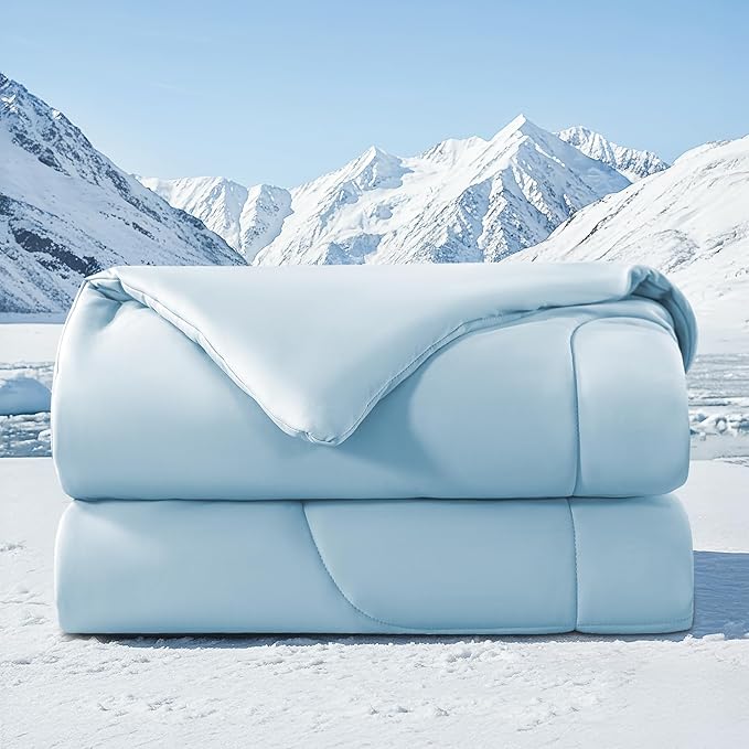 HYLEORY Cooling Comforter King Size - Summer Cooling Blanket for Hot Sleepers/Night Sweats, Double-Sided Cold Touch Silky Ice Comforters, Breathable Lightweight Beddings, Cool Blue, 108"x90"