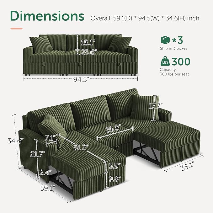 HONBAY 94.5 Inch Sectional Sofa, Modular L & U Shaped Pull Out Couch with Adjustable Backrest & Storage, Velvet Green