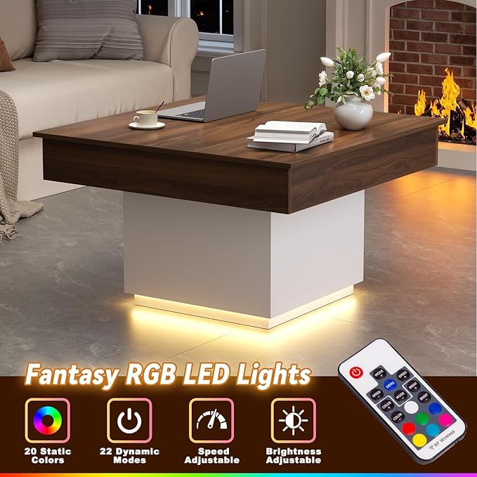 FABATO Lift Top Coffee Table with Charging Station, Led Coffee Table for Living Room, Farmhouse Center Table with Hidden Storage, Square Lift-Up Center Table for Home Office, Reception Room, White