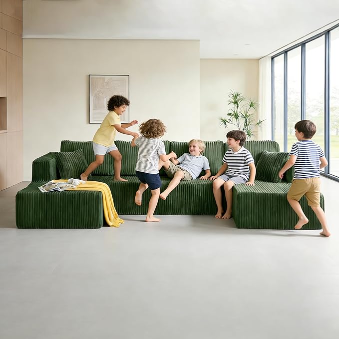 132.48" U-Shaped Sectional Couch, 4-Seat Frameless Modular Sofa with Oversized Chaise, Big Comfy Cloud Couch Set in Soft Corduroy, No-Assembly Boneless Sofas for Living Room, Compressed, Green